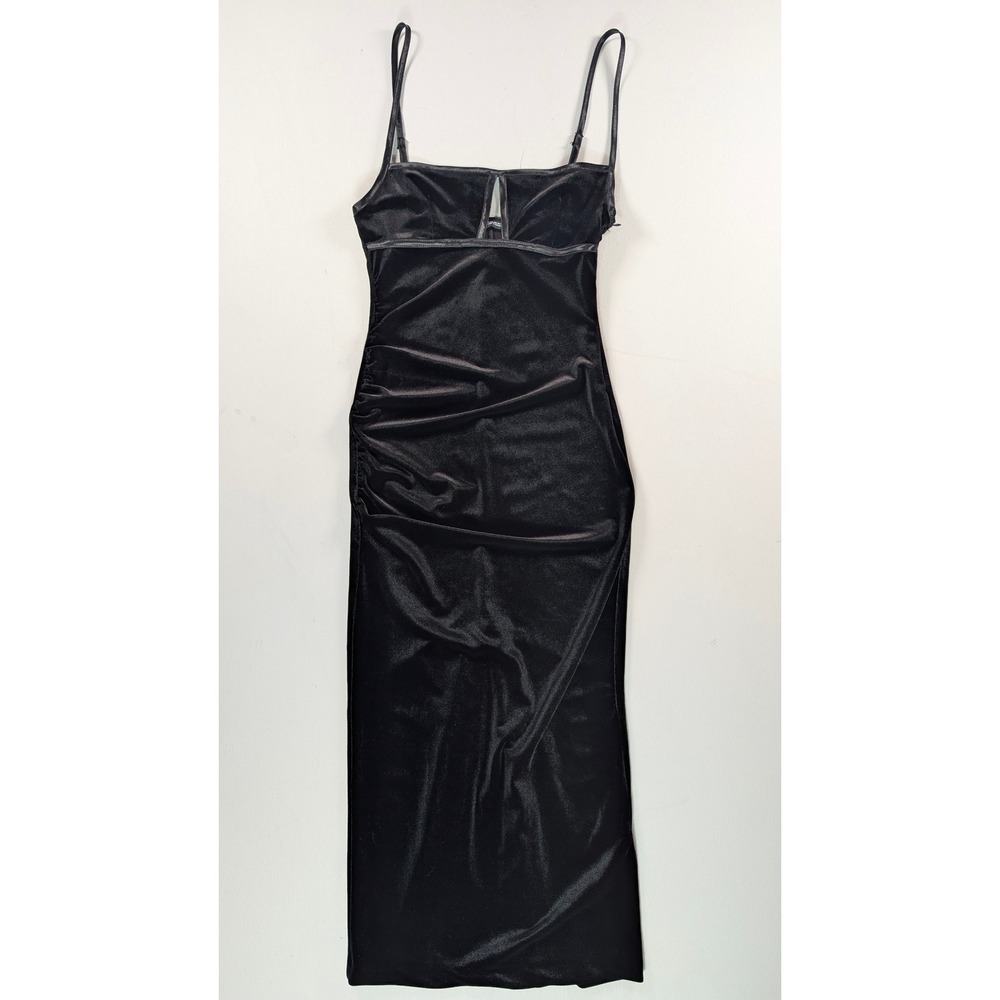 Zara Black Velvet Midi Dress Cutout Bust Side Ruched Bodycon Womens Size XS